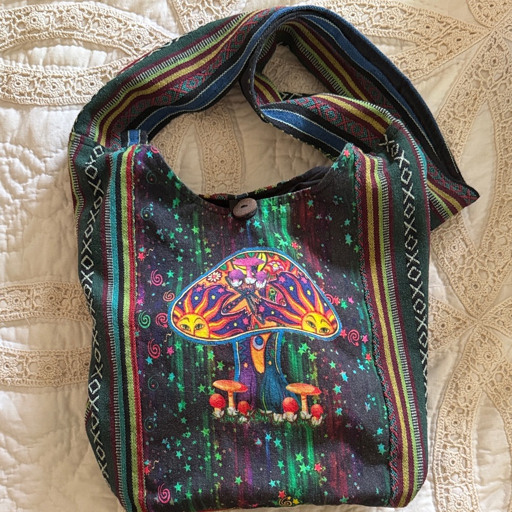 Kathmandu Tribal Stripe Patchwork Hobo Bag with mushroom designs/ BOHO